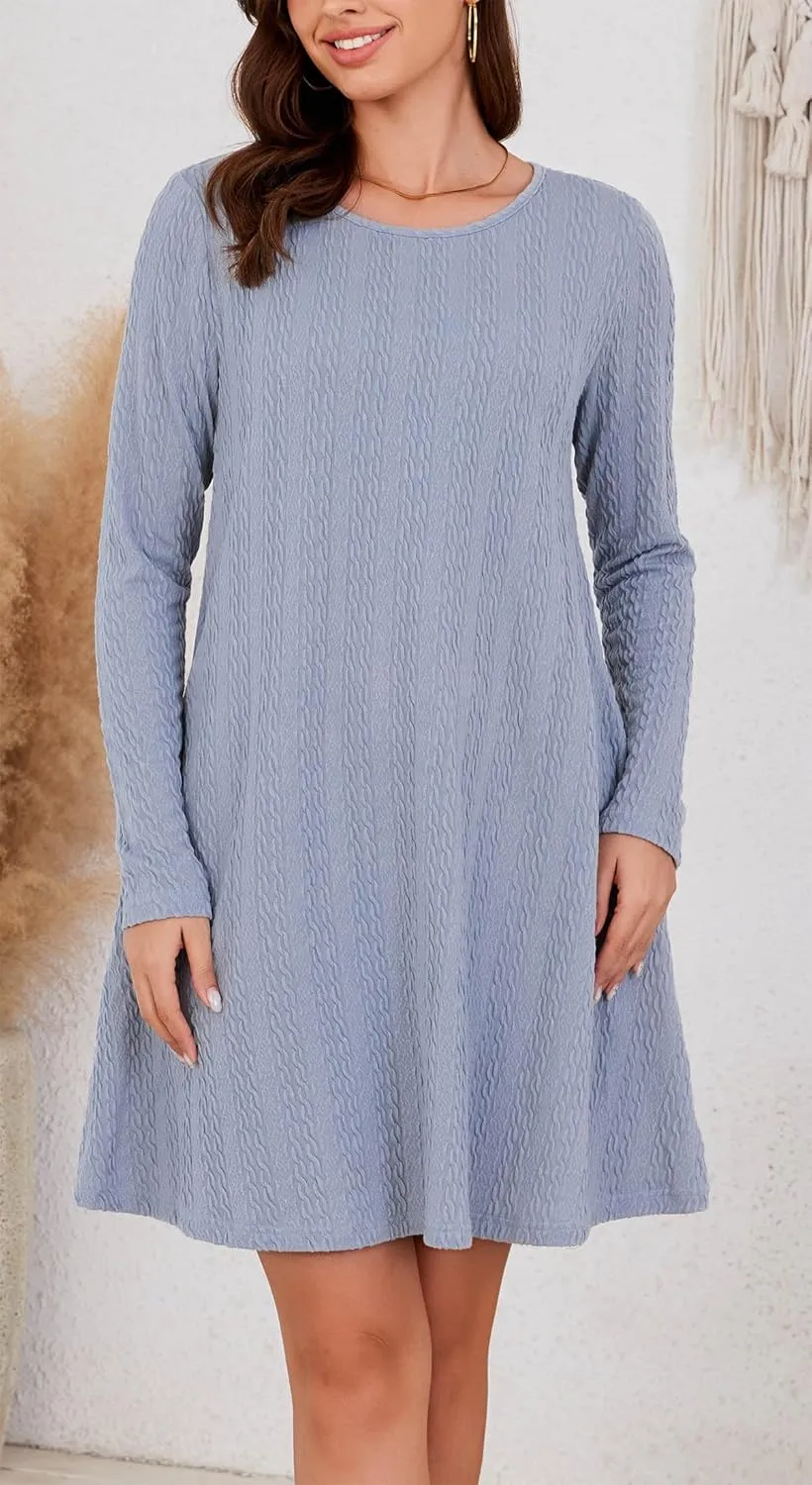 Kormei Womens Long Sleeve A-Line 2024 Fall Dresses with Pockets Knit Casual Crew Neck Knee Length Sweater Dress