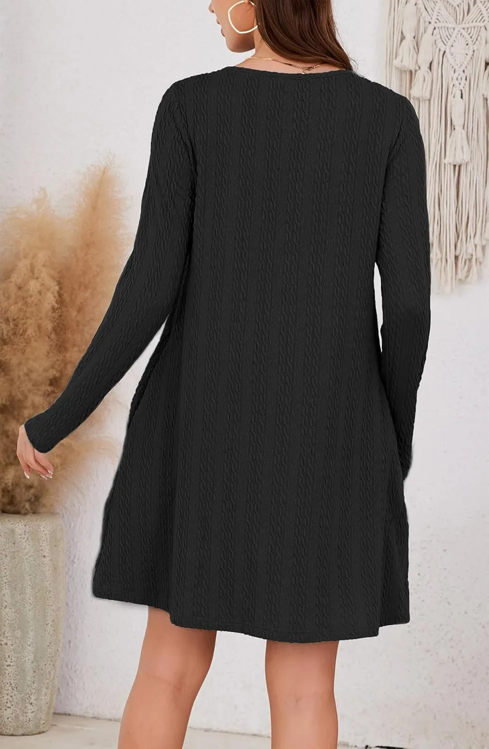 Kormei Womens Long Sleeve A-Line 2024 Fall Dresses with Pockets Knit Casual Crew Neck Knee Length Sweater Dress