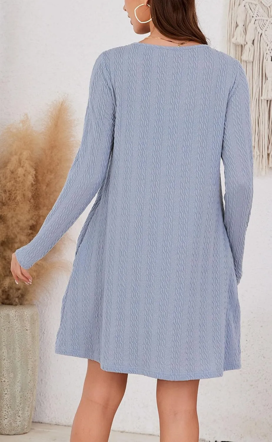 Kormei Womens Long Sleeve A-Line 2024 Fall Dresses with Pockets Knit Casual Crew Neck Knee Length Sweater Dress