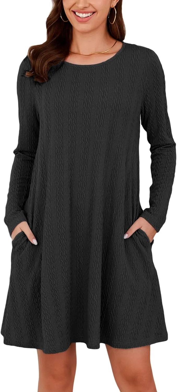 Kormei Womens Long Sleeve A-Line 2024 Fall Dresses with Pockets Knit Casual Crew Neck Knee Length Sweater Dress