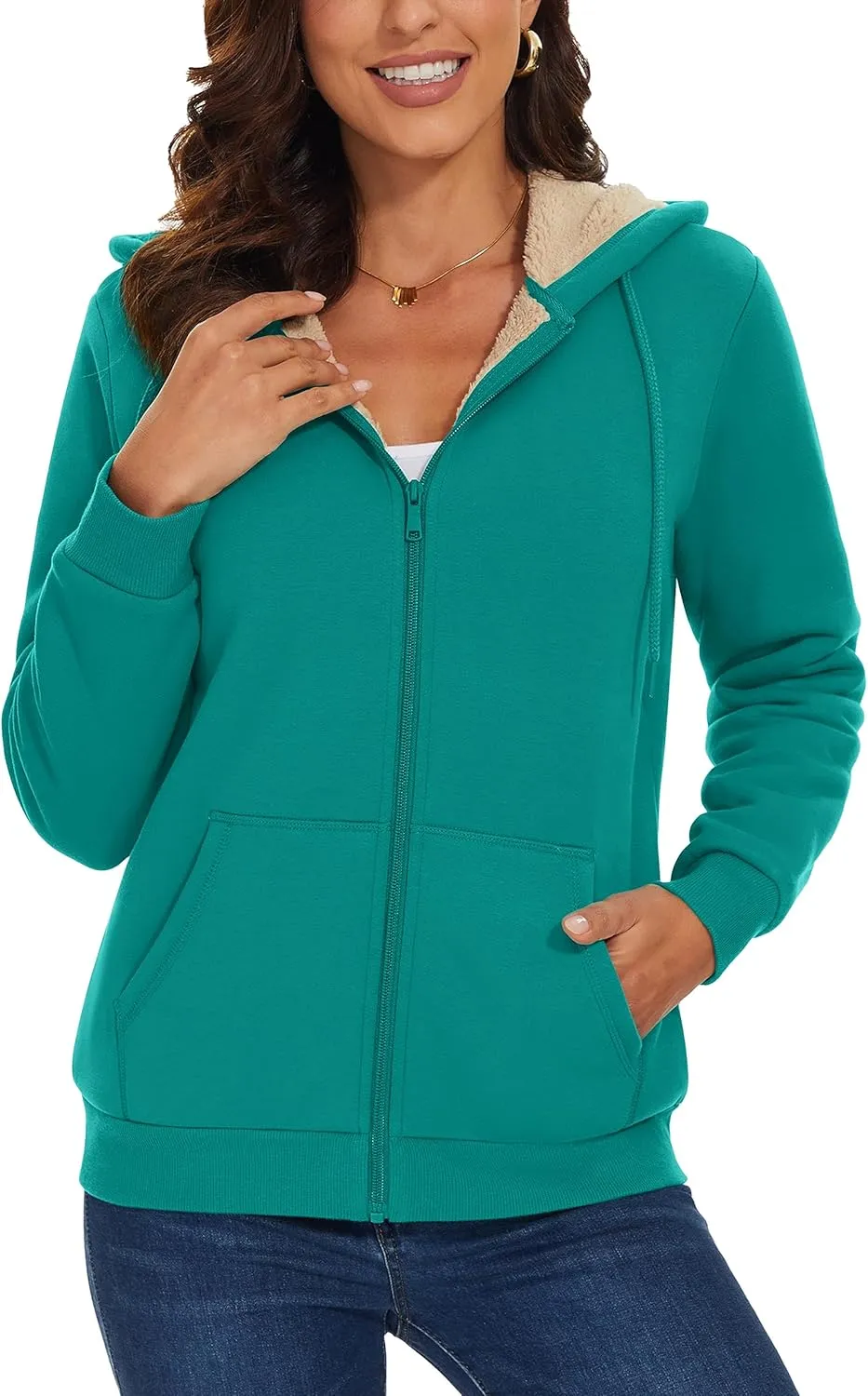 MAGCOMSEN Womens Zip Up Hoodies Sherpa Lined Fleece Thermal Jacket Full Zip Winter Warm Casual Thick Coats Pockets