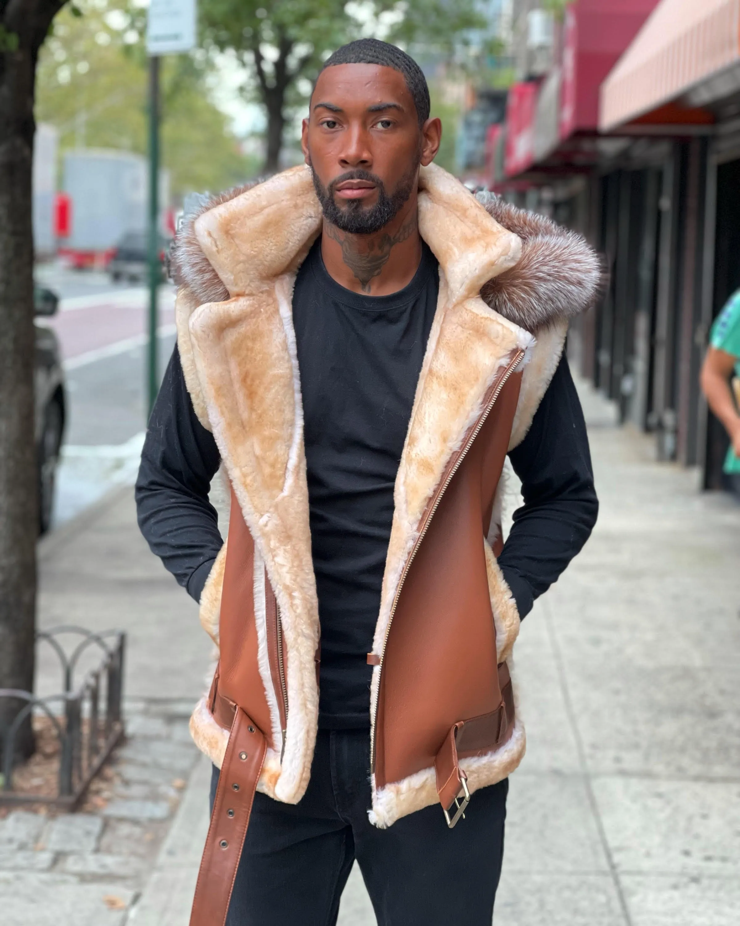 MEN SHEARLING VEST- COGNAC BROWN WITH CRYSTAL FOX HOOD