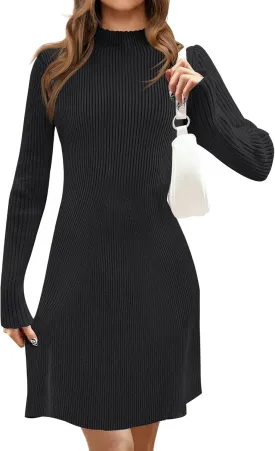 MEROKEETY Women's 2025 Fall Long Sleeve Sweater Dress Turtleneck Ribbed Knit Bodycon Short Mini Dresses