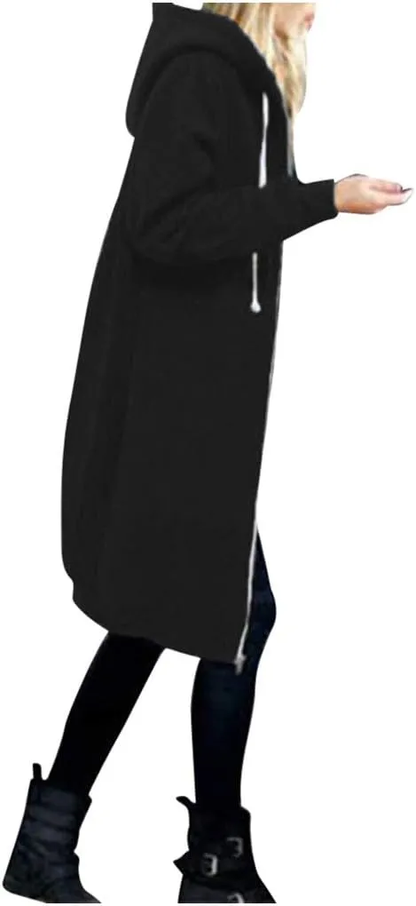 Muyise Women's Zip Up Hoodies Long Jackets Lightweight Tunic Drawstring Hooded Sweatshirts Oversized Winter Coat with Pockets