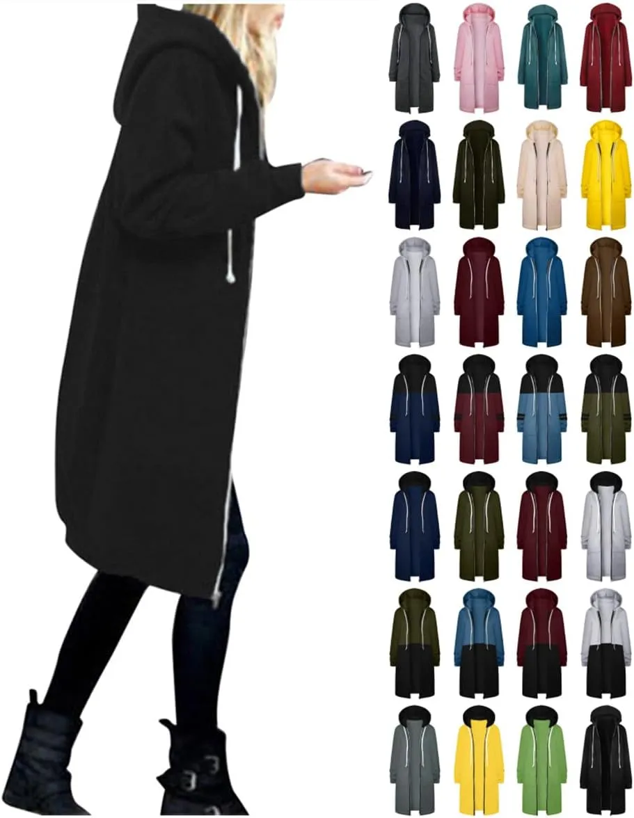 Muyise Women's Zip Up Hoodies Long Jackets Lightweight Tunic Drawstring Hooded Sweatshirts Oversized Winter Coat with Pockets