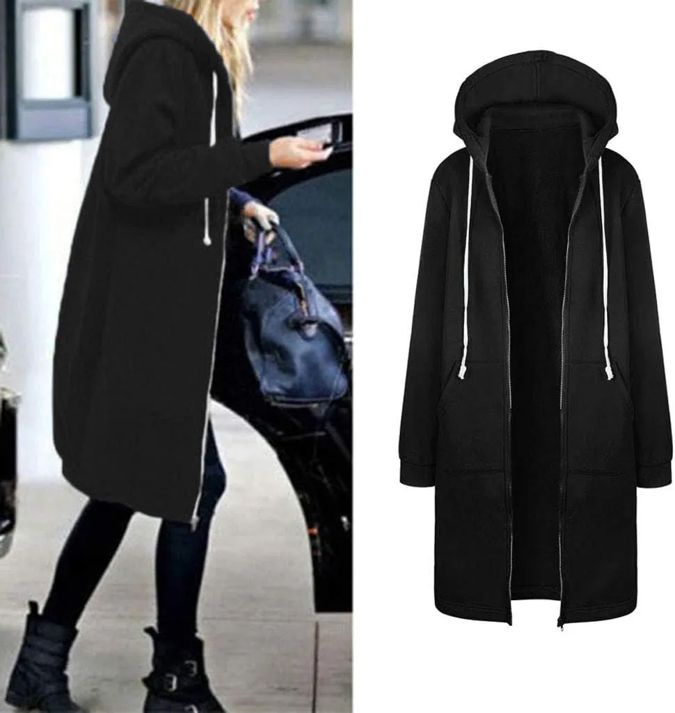 Muyise Women's Zip Up Hoodies Long Jackets Lightweight Tunic Drawstring Hooded Sweatshirts Oversized Winter Coat with Pockets
