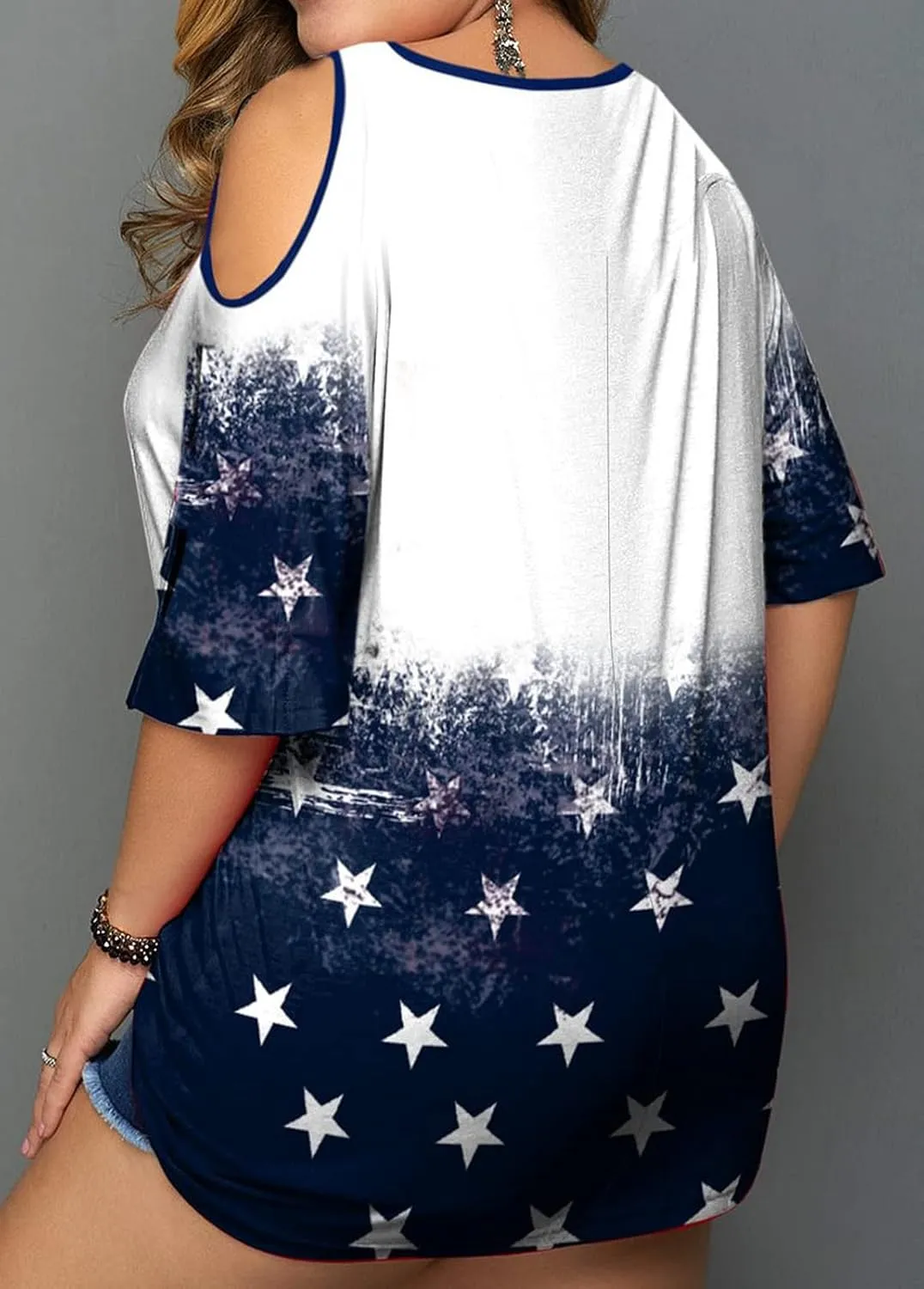 MYHALF Plus Size American Flag Shirt Womens 4th of July Tee USA Flag Tie-Dye Print Shirt Cold Shoulder Patriotic Tops