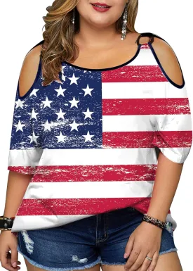 MYHALF Plus Size American Flag Shirt Womens 4th of July Tee USA Flag Tie-Dye Print Shirt Cold Shoulder Patriotic Tops