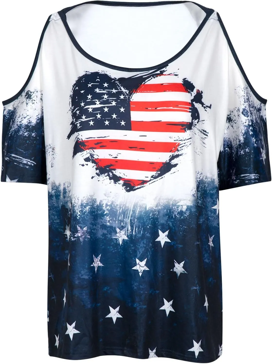 MYHALF Plus Size American Flag Shirt Womens 4th of July Tee USA Flag Tie-Dye Print Shirt Cold Shoulder Patriotic Tops