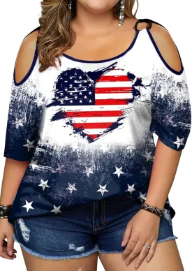 MYHALF Plus Size American Flag Shirt Womens 4th of July Tee USA Flag Tie-Dye Print Shirt Cold Shoulder Patriotic Tops