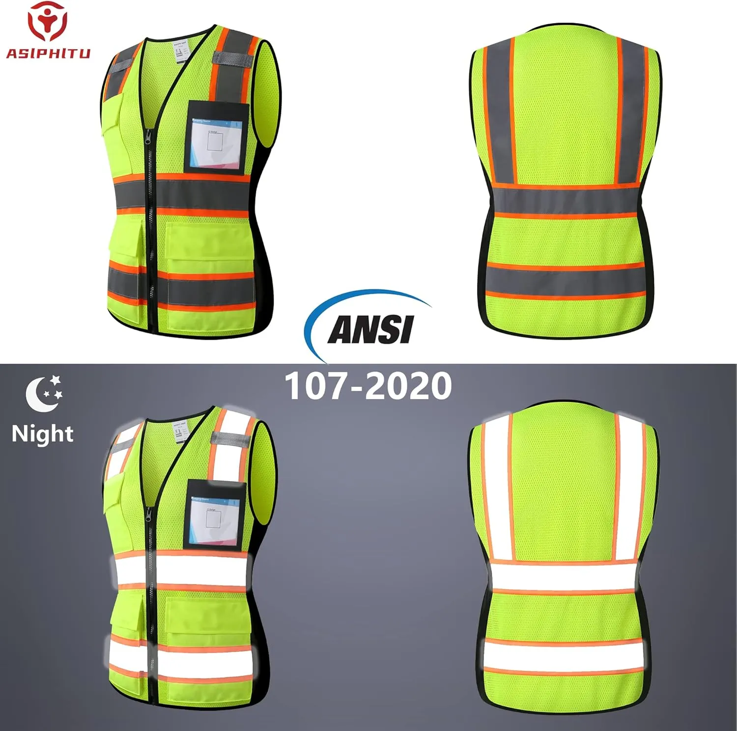 Reflective High Visibility Safety Vest for Men Women with Pockets Zipper Front Meets ANSI/ISEA Standards