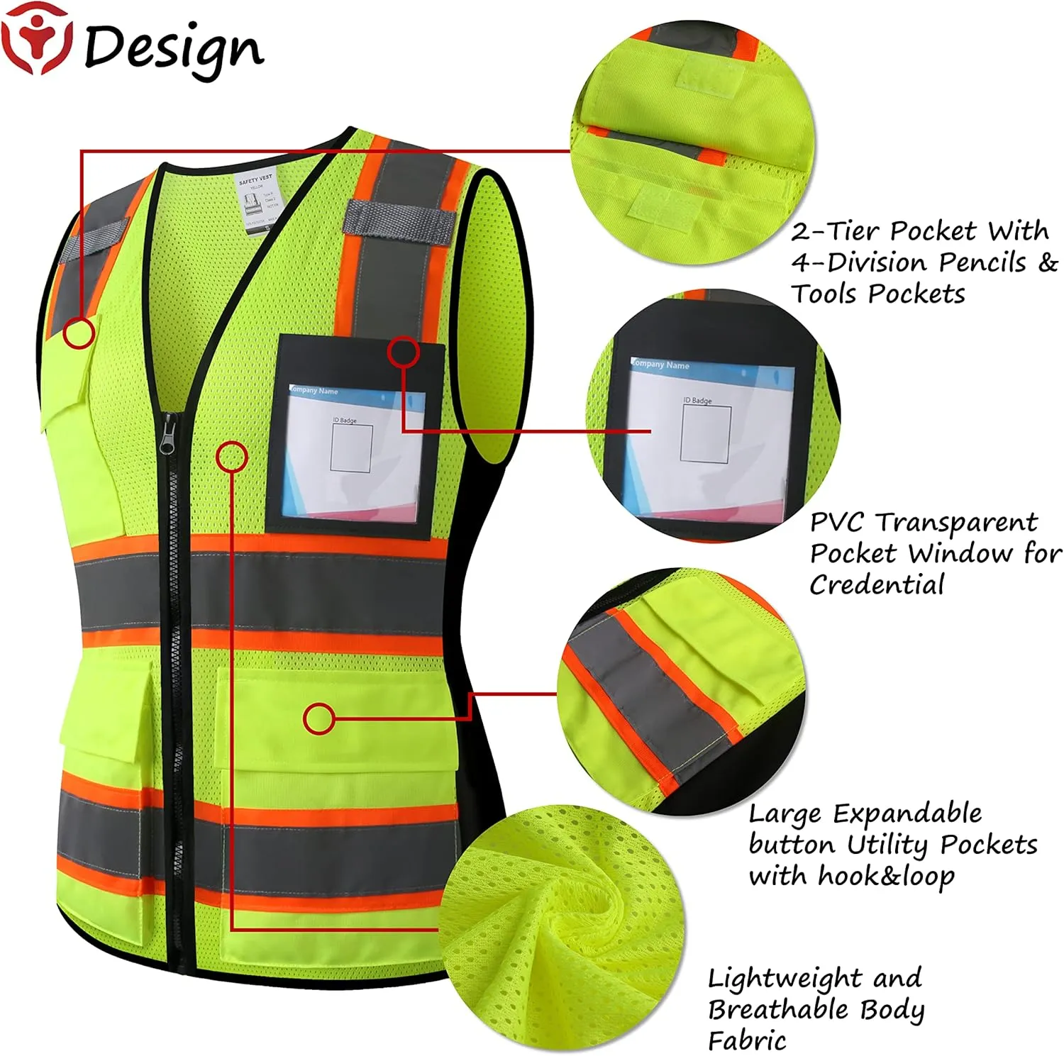 Reflective High Visibility Safety Vest for Men Women with Pockets Zipper Front Meets ANSI/ISEA Standards