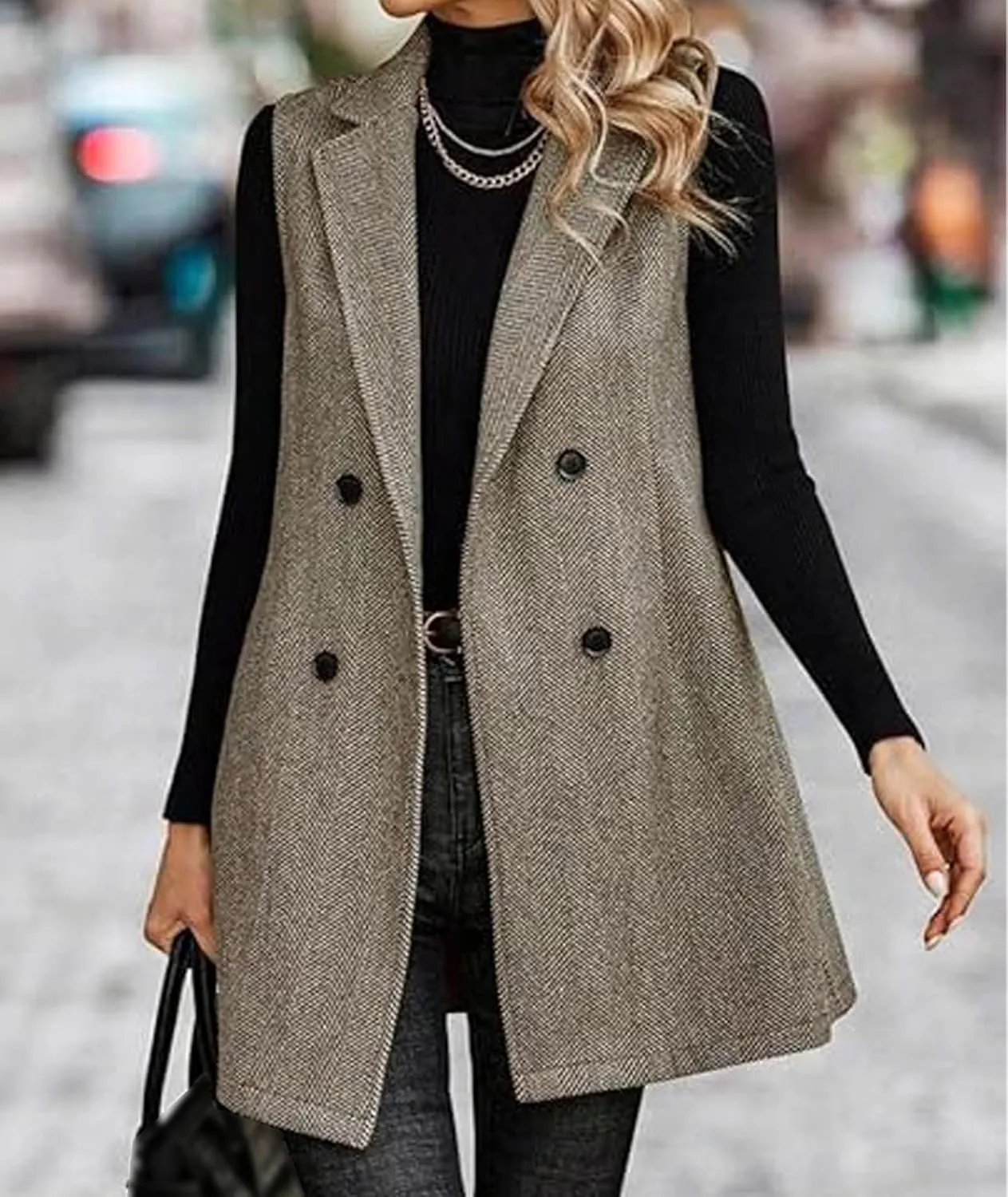 SEMATOMALA Wool Blend Long Vest for Women Sleeveless Tweed Blazer Jacket Longline Cardigan Outerwear