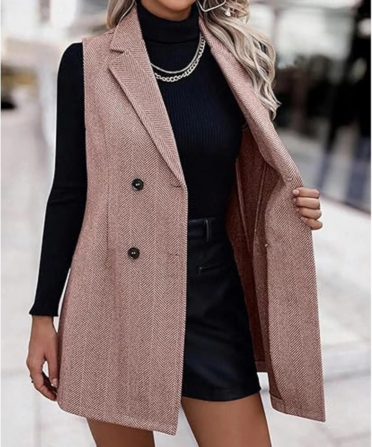 SEMATOMALA Wool Blend Long Vest for Women Sleeveless Tweed Blazer Jacket Longline Cardigan Outerwear