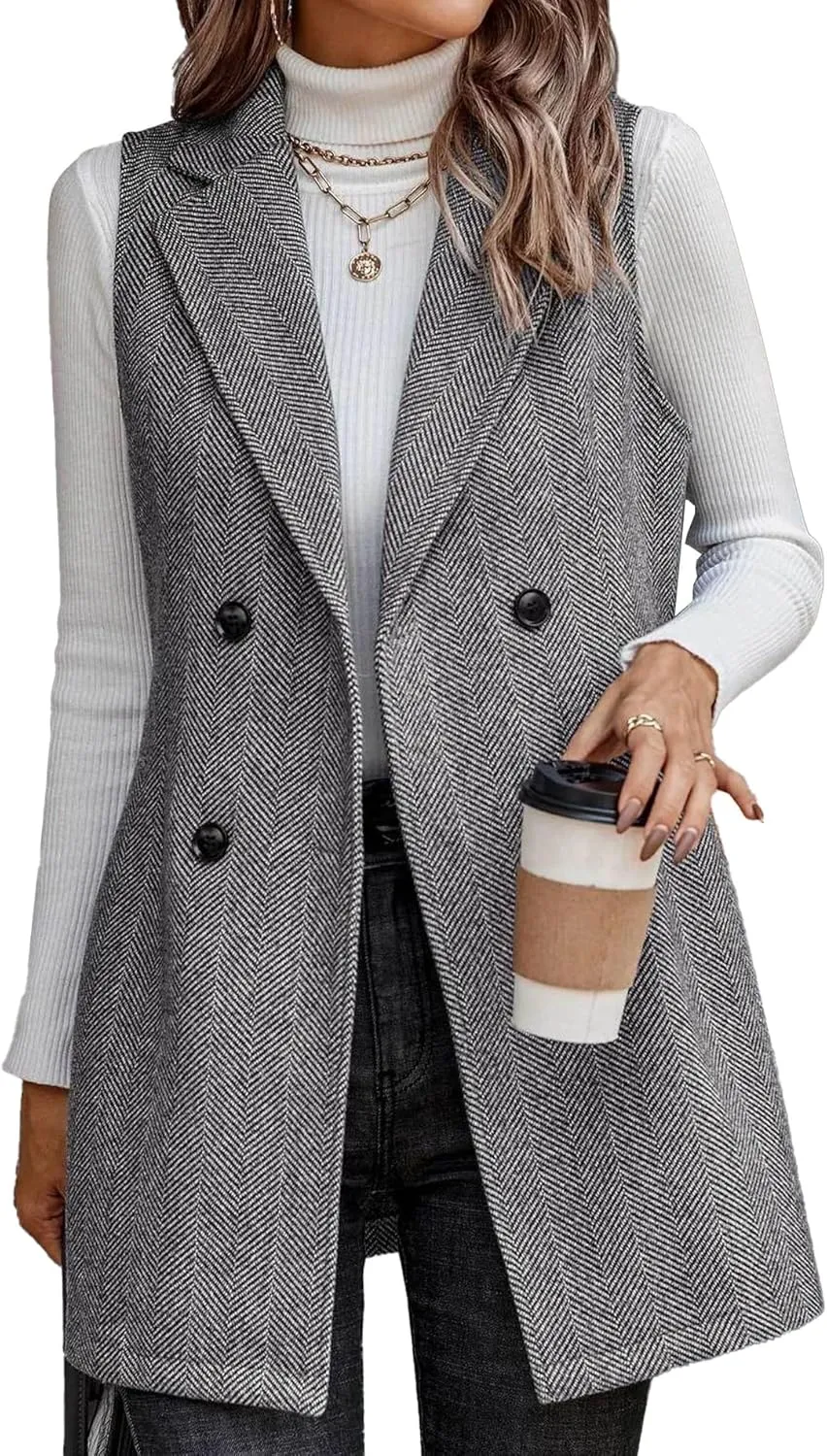 SEMATOMALA Wool Blend Long Vest for Women Sleeveless Tweed Blazer Jacket Longline Cardigan Outerwear