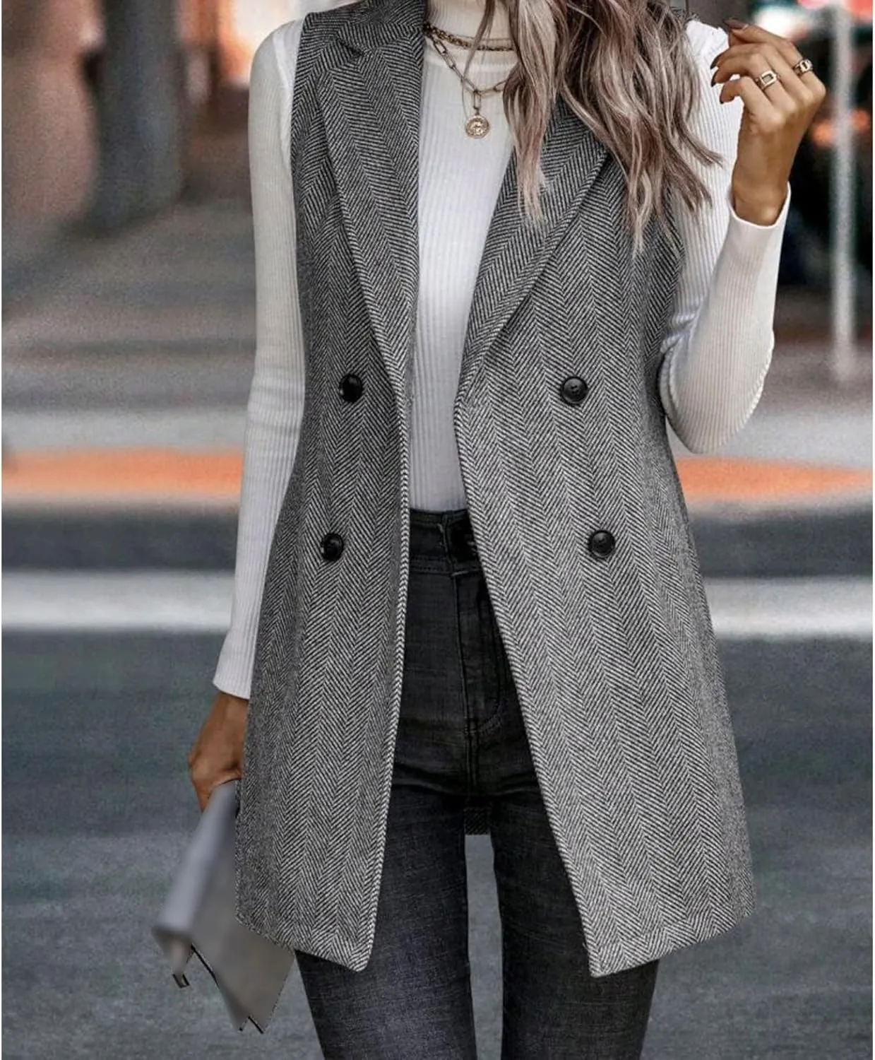 SEMATOMALA Wool Blend Long Vest for Women Sleeveless Tweed Blazer Jacket Longline Cardigan Outerwear