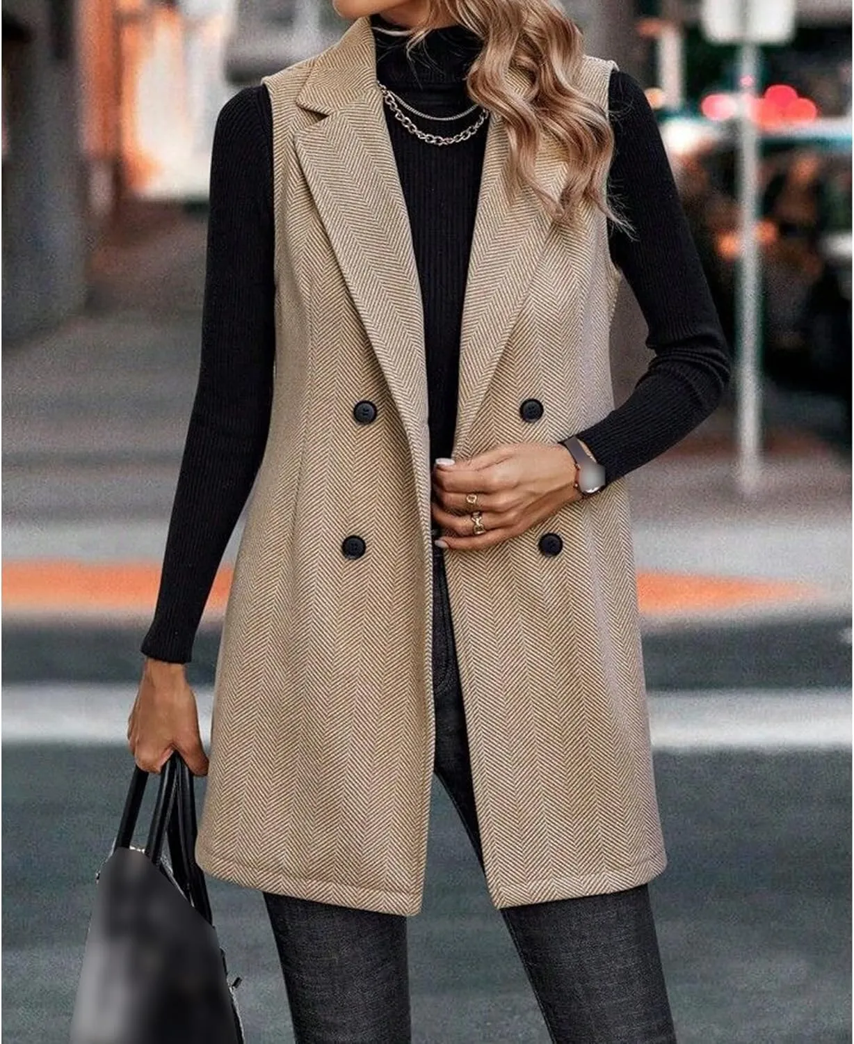 SEMATOMALA Wool Blend Long Vest for Women Sleeveless Tweed Blazer Jacket Longline Cardigan Outerwear