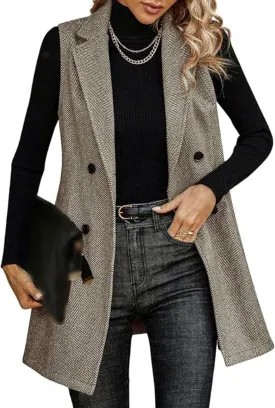 SEMATOMALA Wool Blend Long Vest for Women Sleeveless Tweed Blazer Jacket Longline Cardigan Outerwear