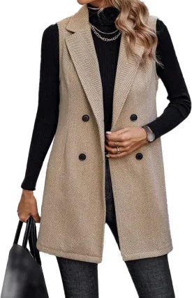 SEMATOMALA Wool Blend Long Vest for Women Sleeveless Tweed Blazer Jacket Longline Cardigan Outerwear