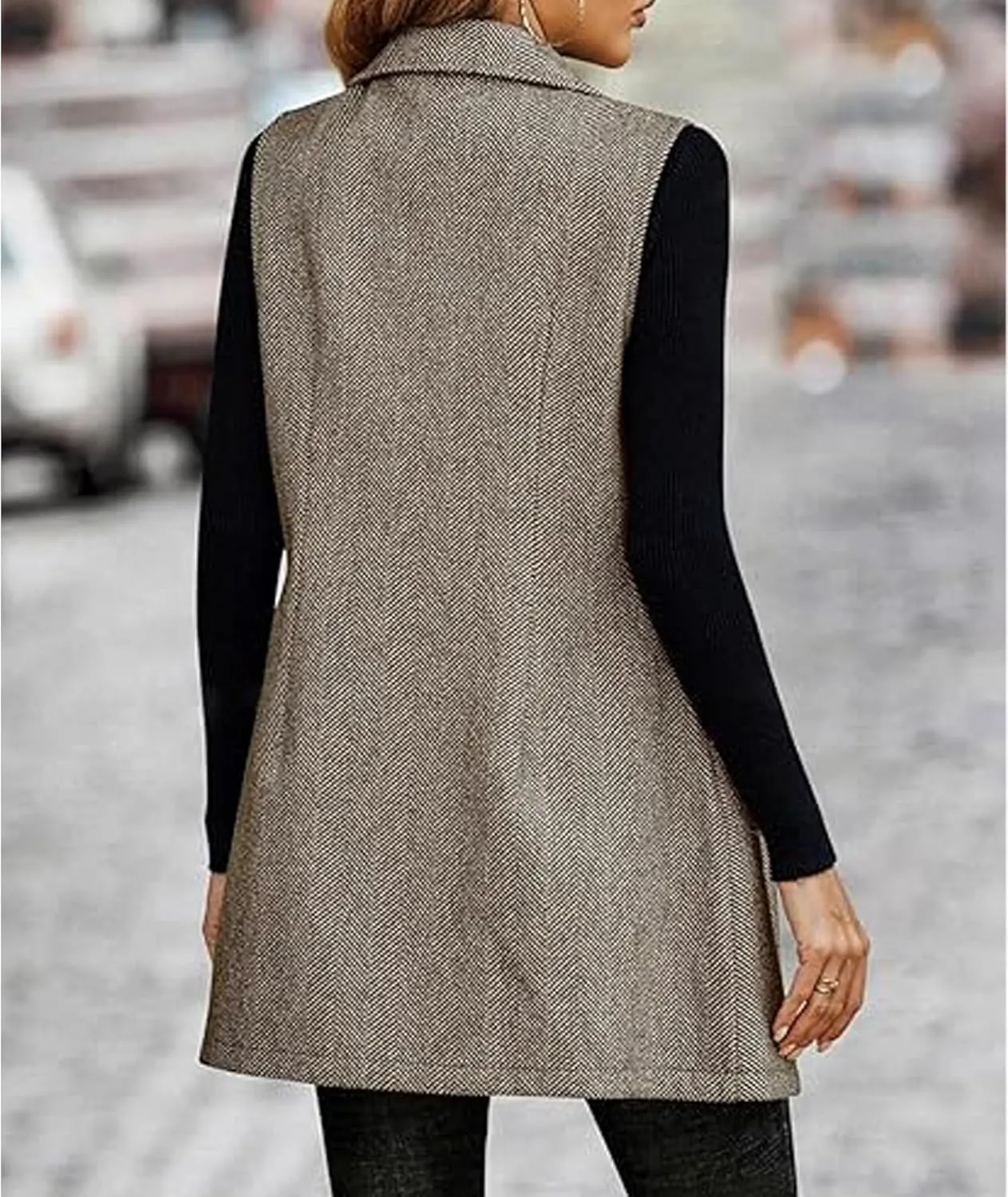 SEMATOMALA Wool Blend Long Vest for Women Sleeveless Tweed Blazer Jacket Longline Cardigan Outerwear
