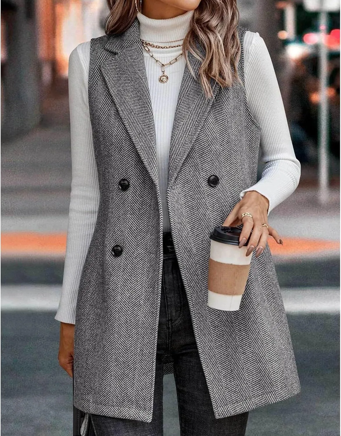 SEMATOMALA Wool Blend Long Vest for Women Sleeveless Tweed Blazer Jacket Longline Cardigan Outerwear