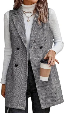 SEMATOMALA Wool Blend Long Vest for Women Sleeveless Tweed Blazer Jacket Longline Cardigan Outerwear