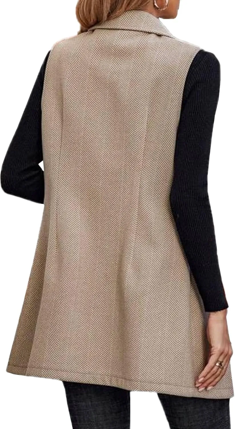 SEMATOMALA Wool Blend Long Vest for Women Sleeveless Tweed Blazer Jacket Longline Cardigan Outerwear