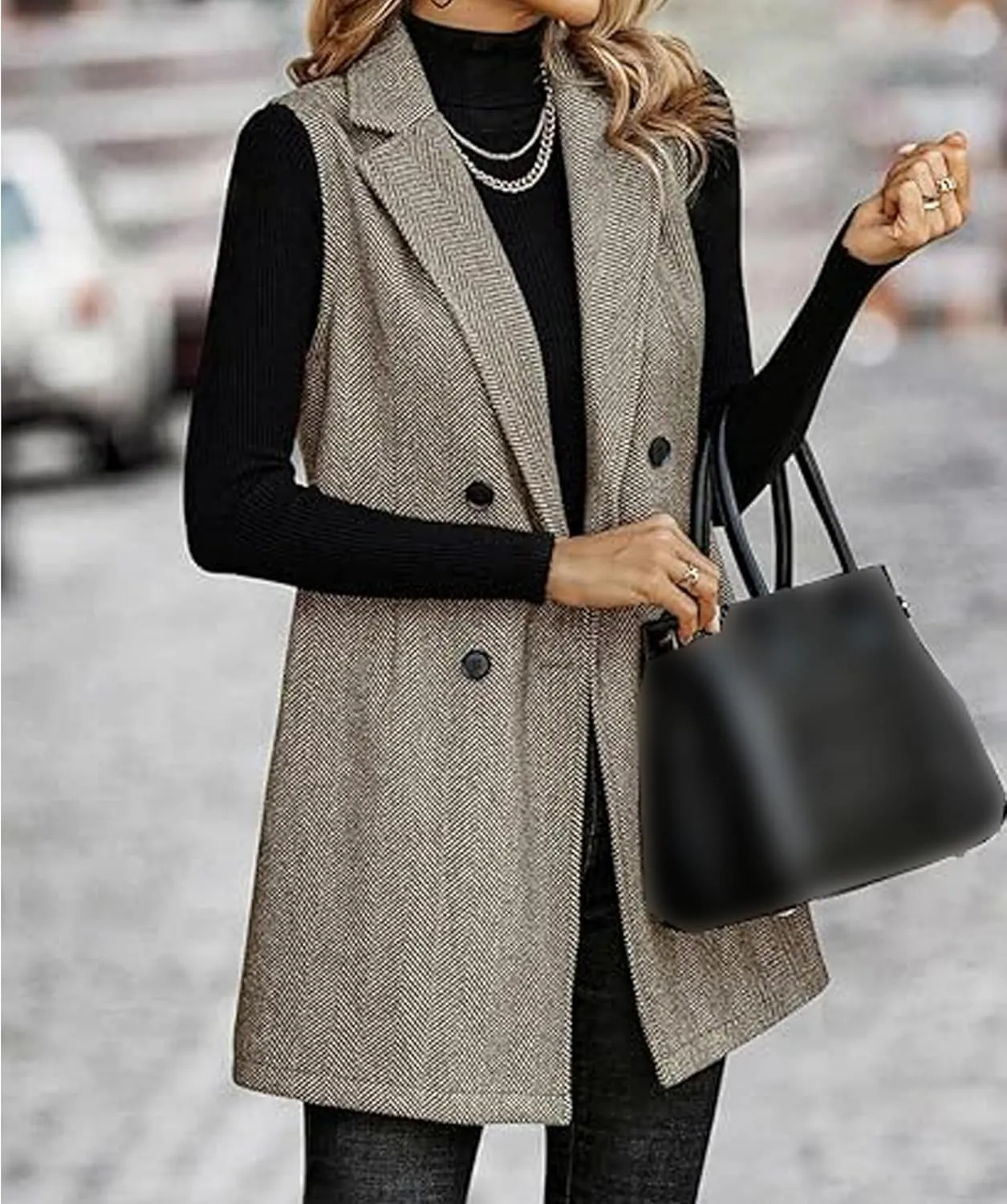 SEMATOMALA Wool Blend Long Vest for Women Sleeveless Tweed Blazer Jacket Longline Cardigan Outerwear