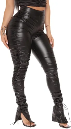 Sexy Women Faux Leather Leggings High Waisted Pleated Leather Tights Splits Hem Stacked Pants