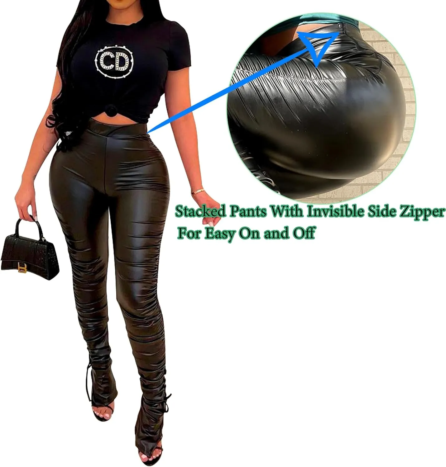 Sexy Women Faux Leather Leggings High Waisted Pleated Leather Tights Splits Hem Stacked Pants