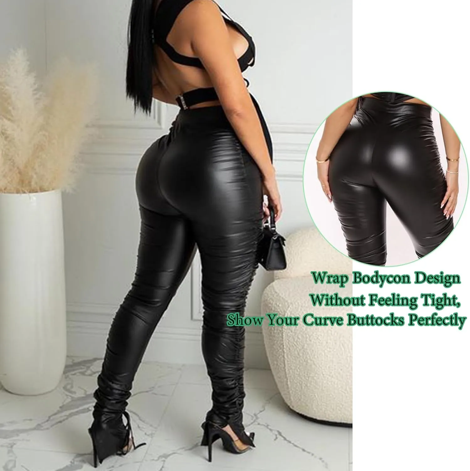 Sexy Women Faux Leather Leggings High Waisted Pleated Leather Tights Splits Hem Stacked Pants