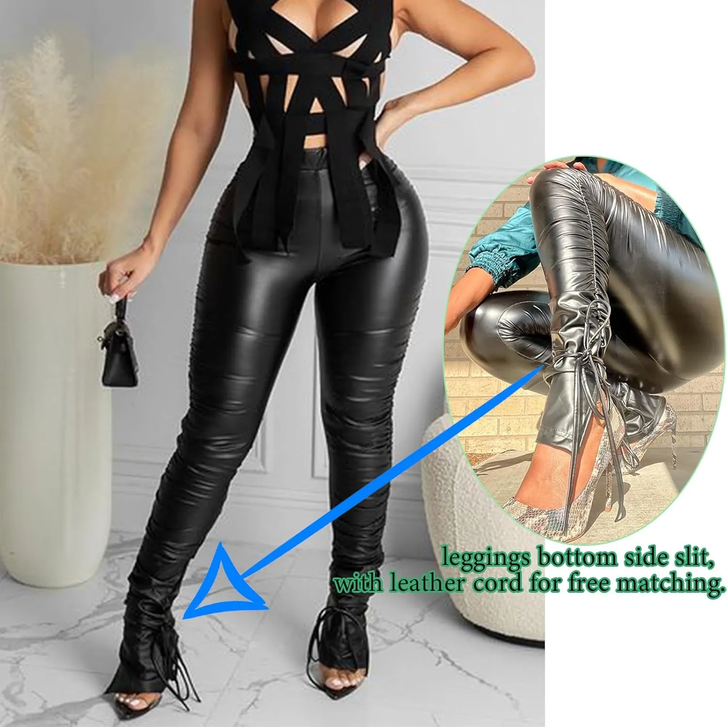 Sexy Women Faux Leather Leggings High Waisted Pleated Leather Tights Splits Hem Stacked Pants