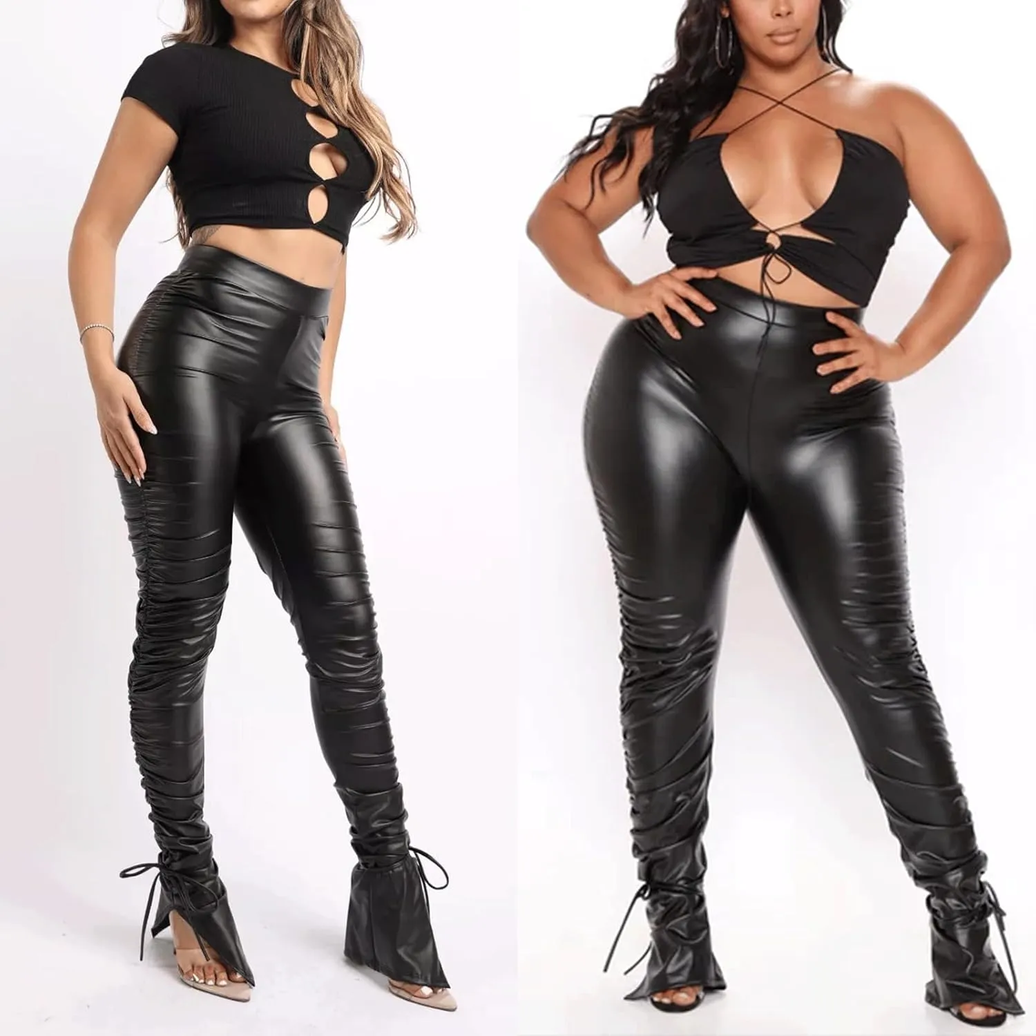 Sexy Women Faux Leather Leggings High Waisted Pleated Leather Tights Splits Hem Stacked Pants