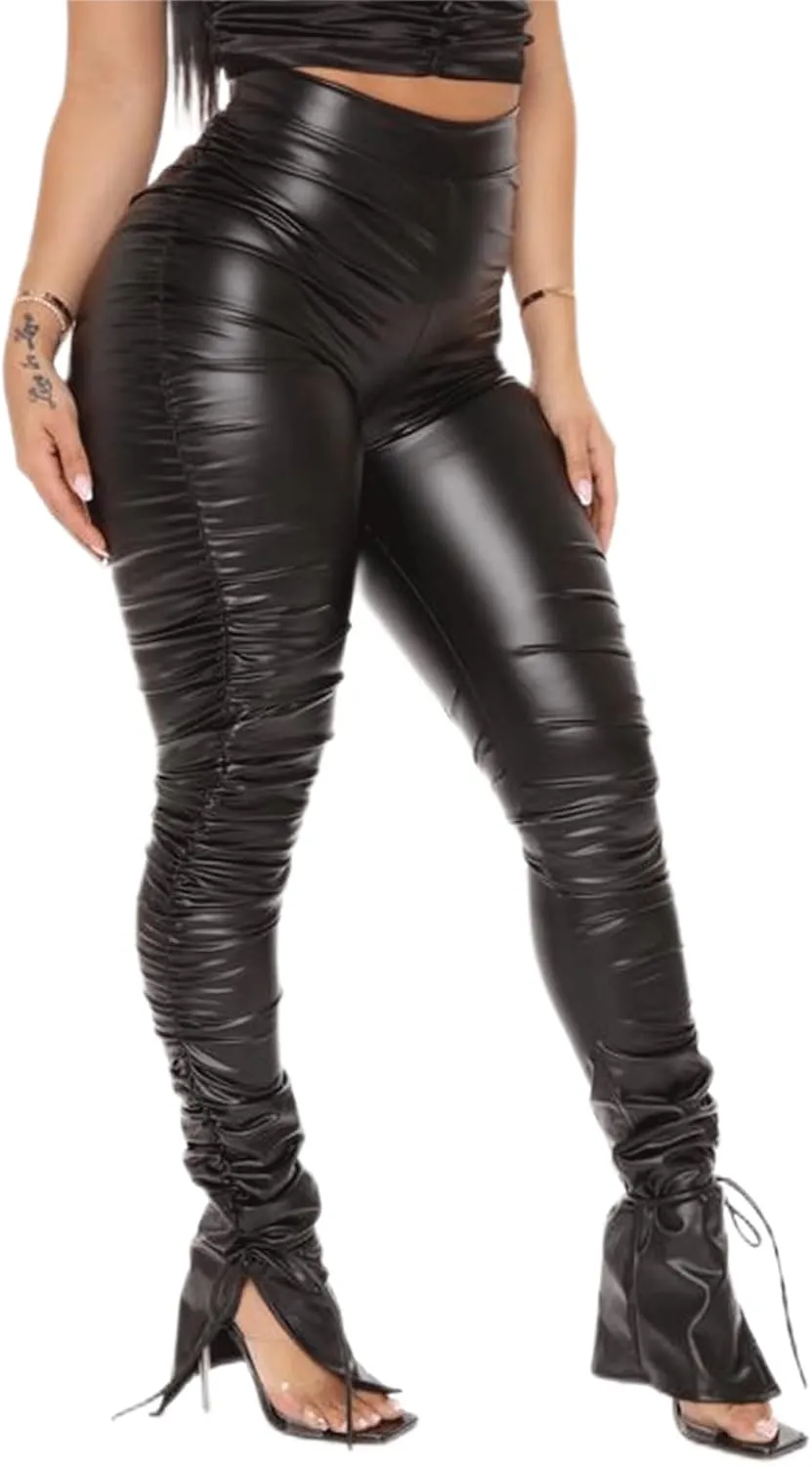 Sexy Women Faux Leather Leggings High Waisted Pleated Leather Tights Splits Hem Stacked Pants