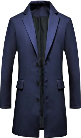 ThCreasa Mens Wool Blend Trench Coat Single Breasted Notch Lapel Walker Mid-Length Classic Pea Top Coat
