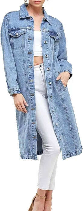 vkwear Women's Long Casual Maxi Length Denim Cotton Coat Oversize Button Up Jean Jacket