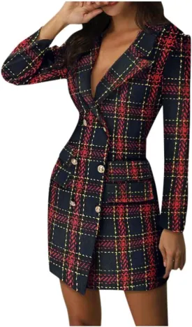 Women Blazer Dress Long Sleeve Notch Lapel Sexy Elegant Formal Suit Jackets Double Breasted Button Business Coat