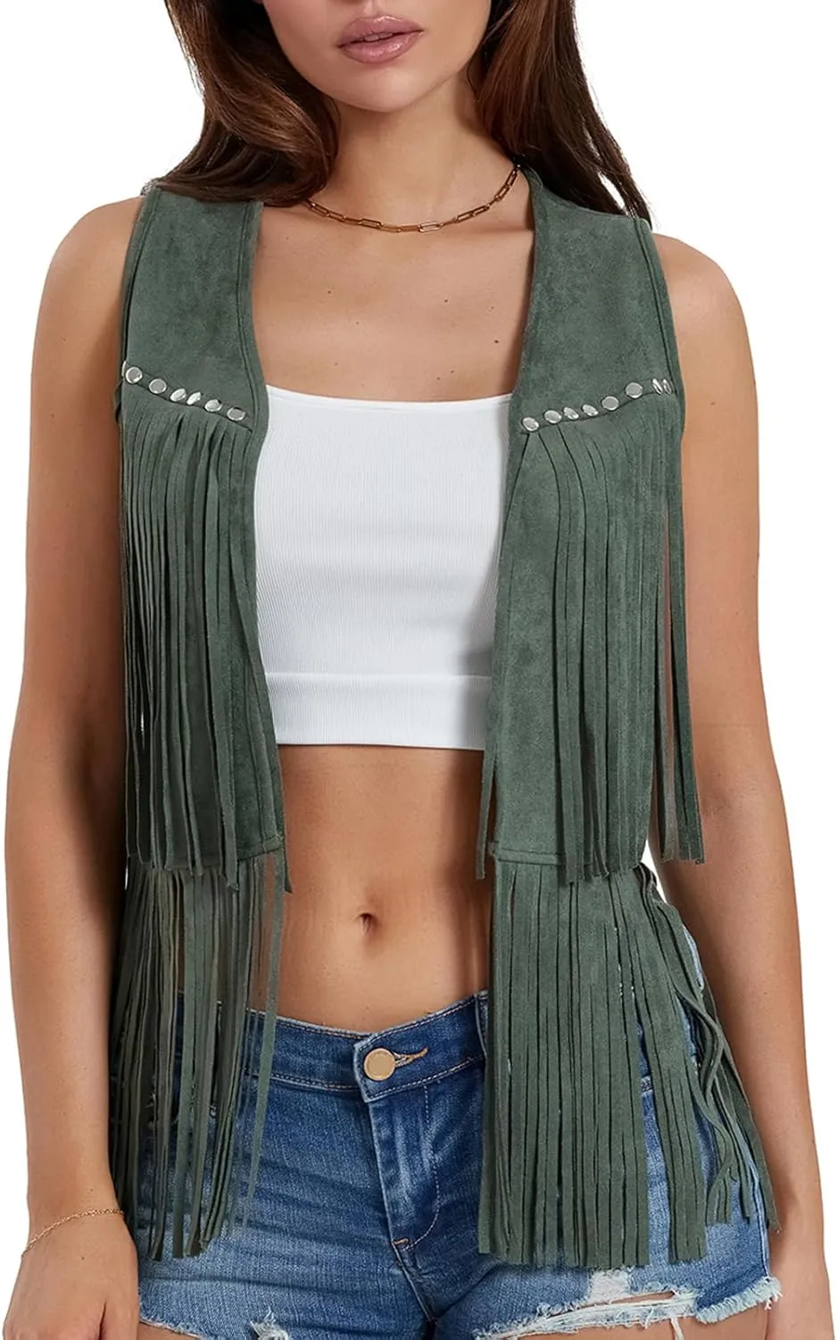 Women Fringe Vest 70s Hippie Costume Sleeveless Rivets Tassel Open Front Faux Suede Waistcoat Western Vest