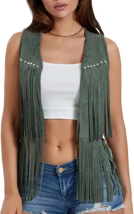 Women Fringe Vest 70s Hippie Costume Sleeveless Rivets Tassel Open Front Faux Suede Waistcoat Western Vest