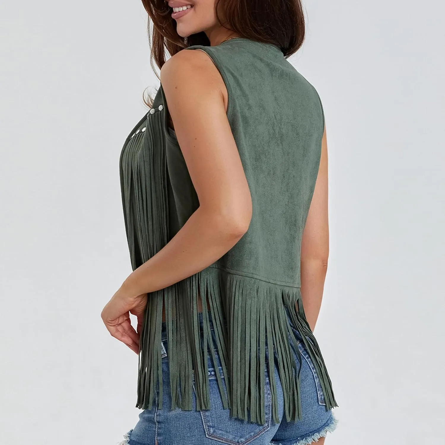 Women Fringe Vest 70s Hippie Costume Sleeveless Rivets Tassel Open Front Faux Suede Waistcoat Western Vest