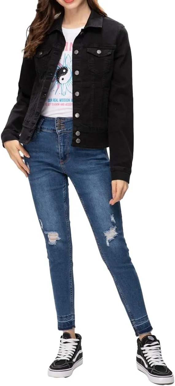 Women's Basic Button Down Denim Jacket, Casual Long Sleeve Fitted Jean Jacket with Pockets
