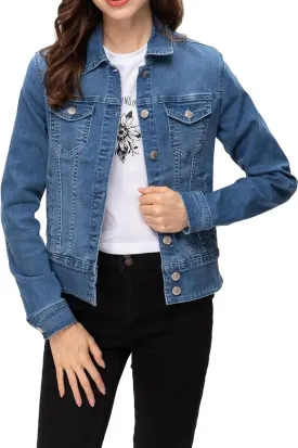 Women's Basic Button Down Denim Jacket, Casual Long Sleeve Fitted Jean Jacket with Pockets