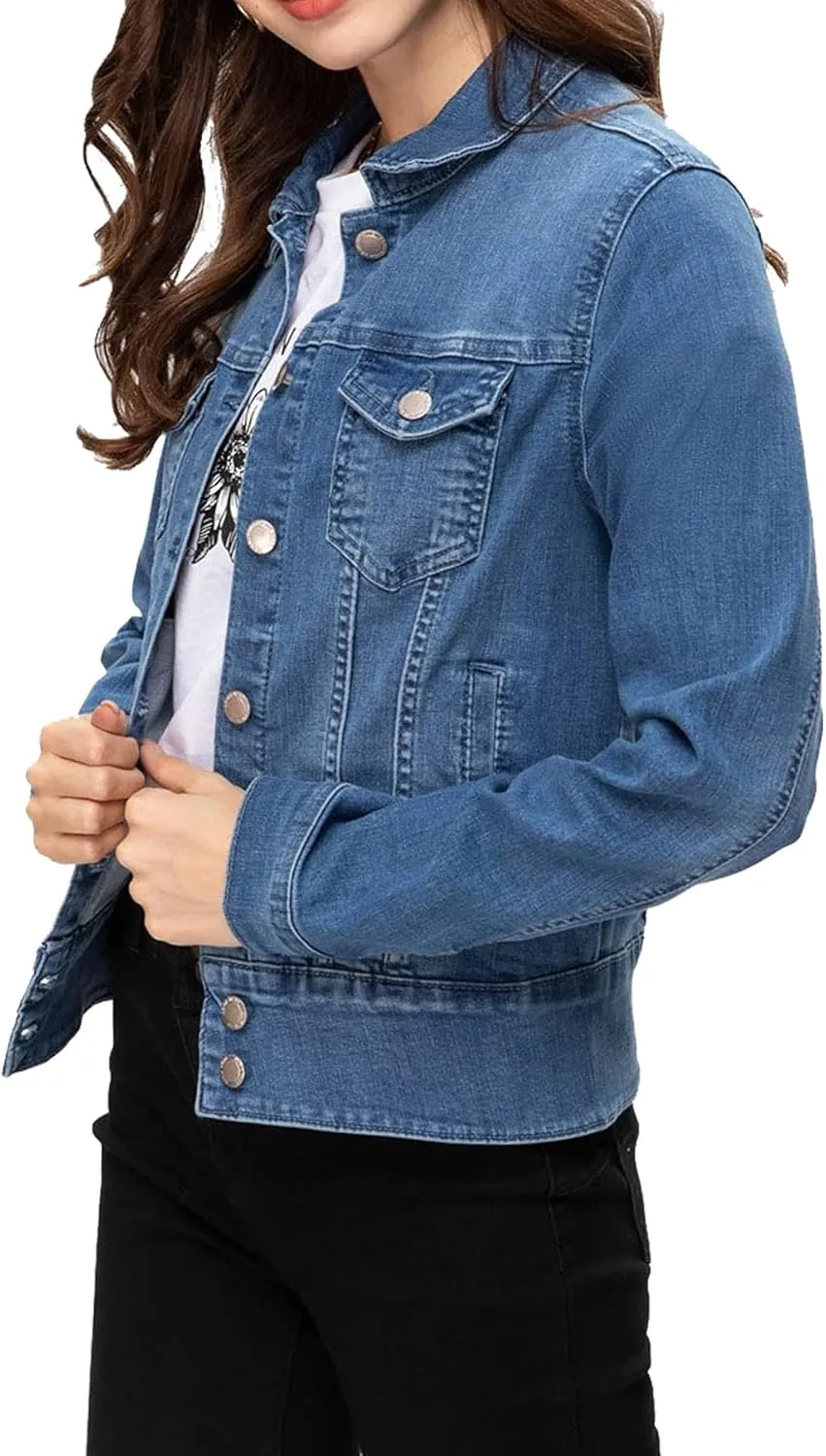 Women's Basic Button Down Denim Jacket, Casual Long Sleeve Fitted Jean Jacket with Pockets