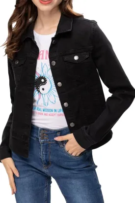 Women's Basic Button Down Denim Jacket, Casual Long Sleeve Fitted Jean Jacket with Pockets