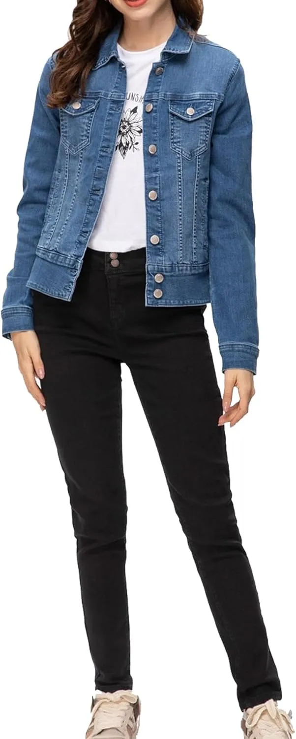 Women's Basic Button Down Denim Jacket, Casual Long Sleeve Fitted Jean Jacket with Pockets