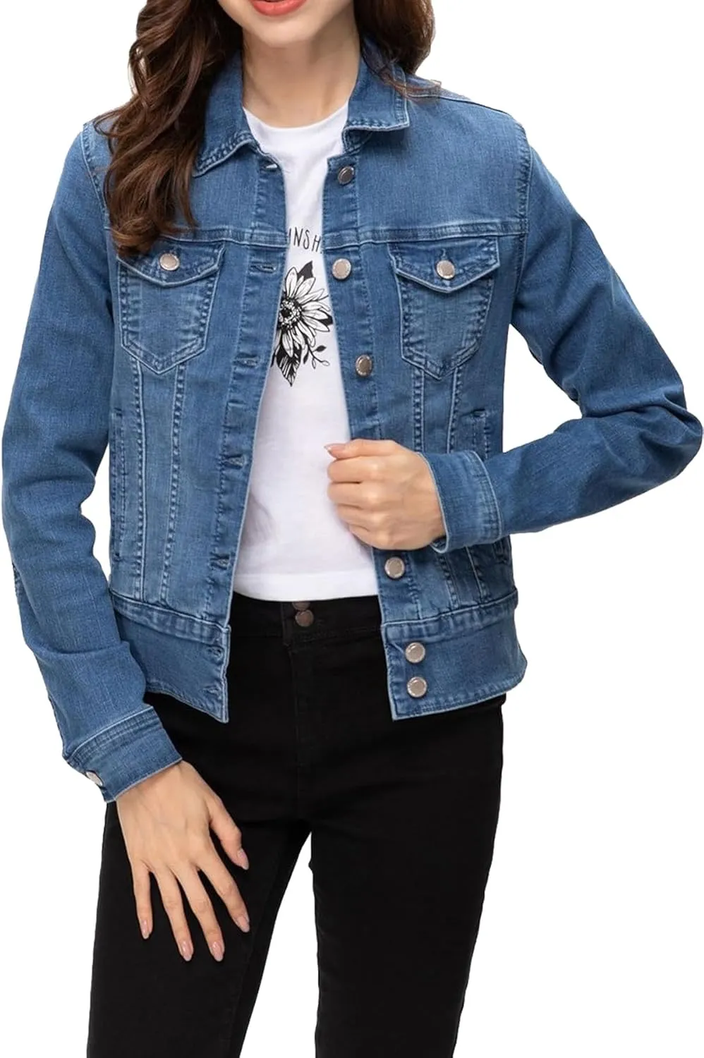 Women's Basic Button Down Denim Jacket, Casual Long Sleeve Fitted Jean Jacket with Pockets