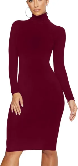 Women's Casual Long Sleeve Bodycon Sexy Turtleneck Midi Club Party Pencil Dresses