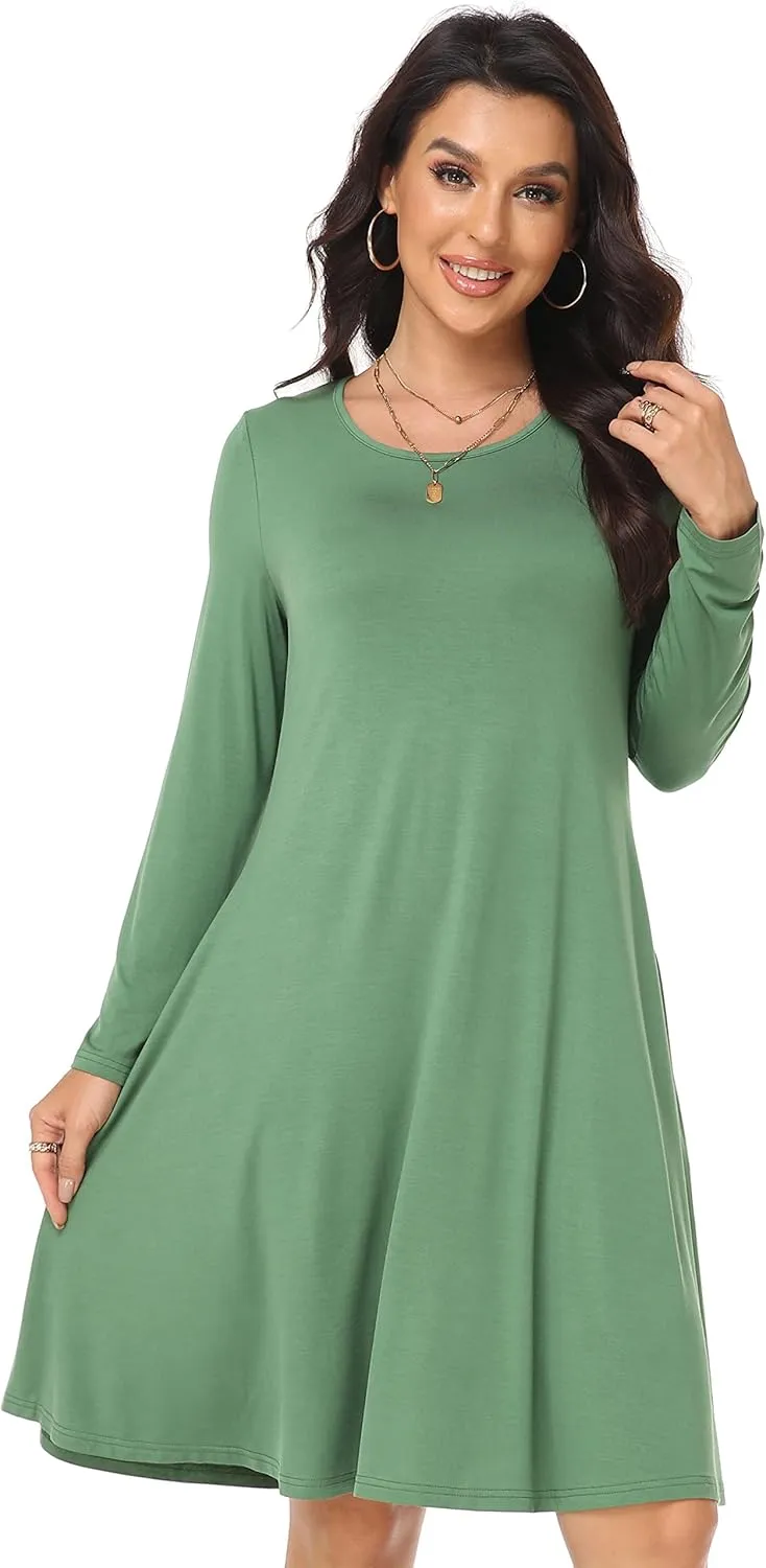 Women's Casual Long Sleeve T-shirt Dress Knee Length Loose Dresses Flowy Swing Dress with Pockets