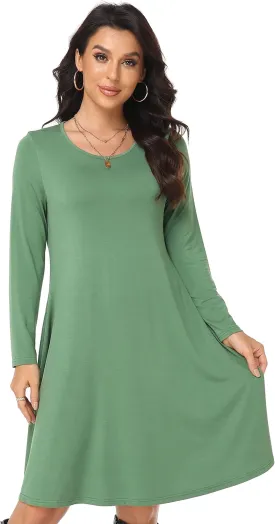 Women's Casual Long Sleeve T-shirt Dress Knee Length Loose Dresses Flowy Swing Dress with Pockets