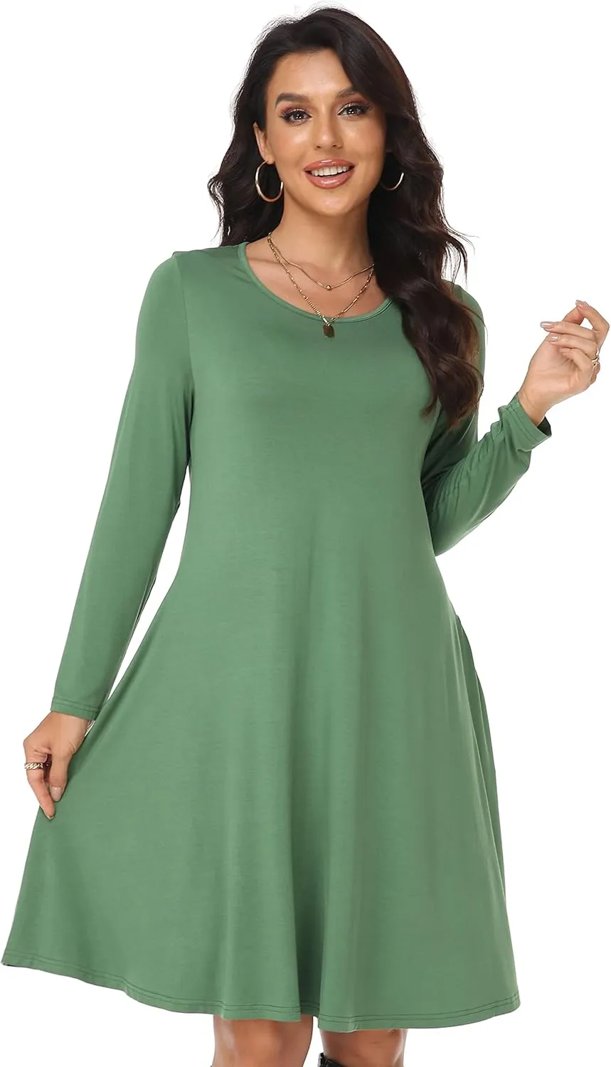 Women's Casual Long Sleeve T-shirt Dress Knee Length Loose Dresses Flowy Swing Dress with Pockets